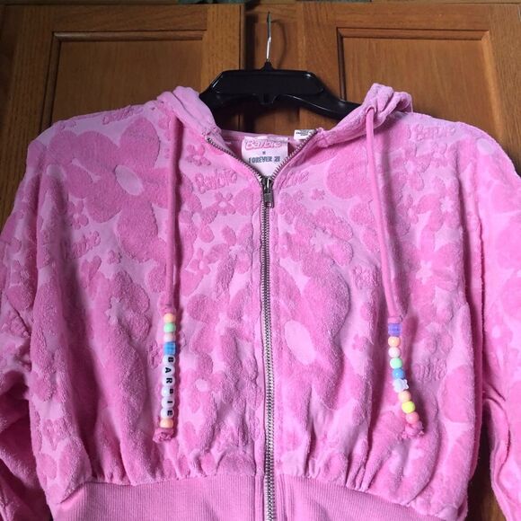 Barbie x Forever 21 Pink Barbiecore Floral Full Zip Beaded Crop Hoodie Size S - Picture 4 of 12
